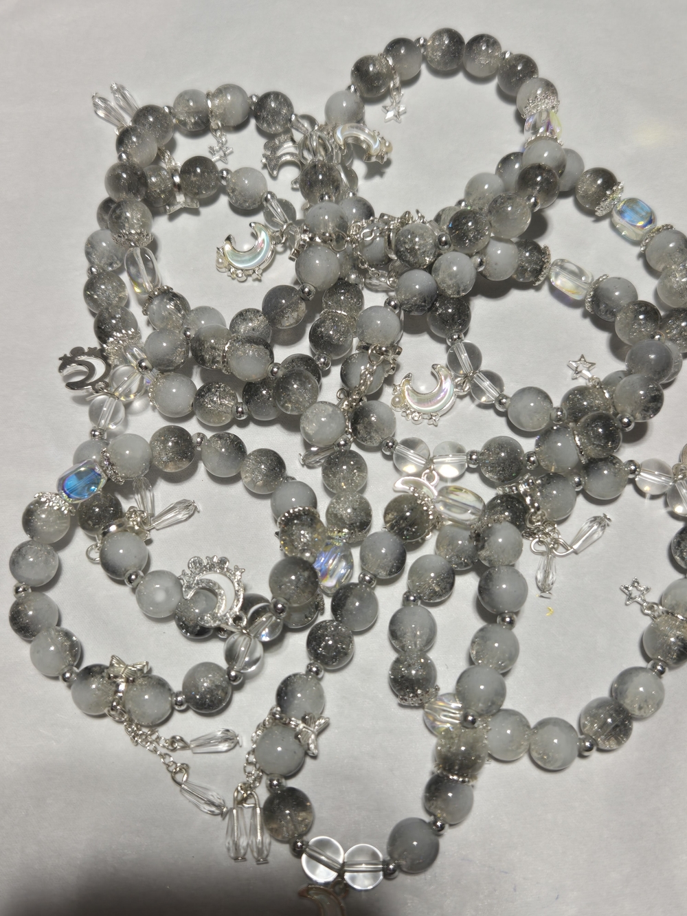 10mmCelestial Gray Beaded Bracelet with Silver Moon & Star Charms - For 1